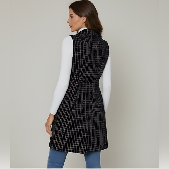 Black/White Plaid Double Breasted Lapel Collar Vest Coat - Picture 4 of 7